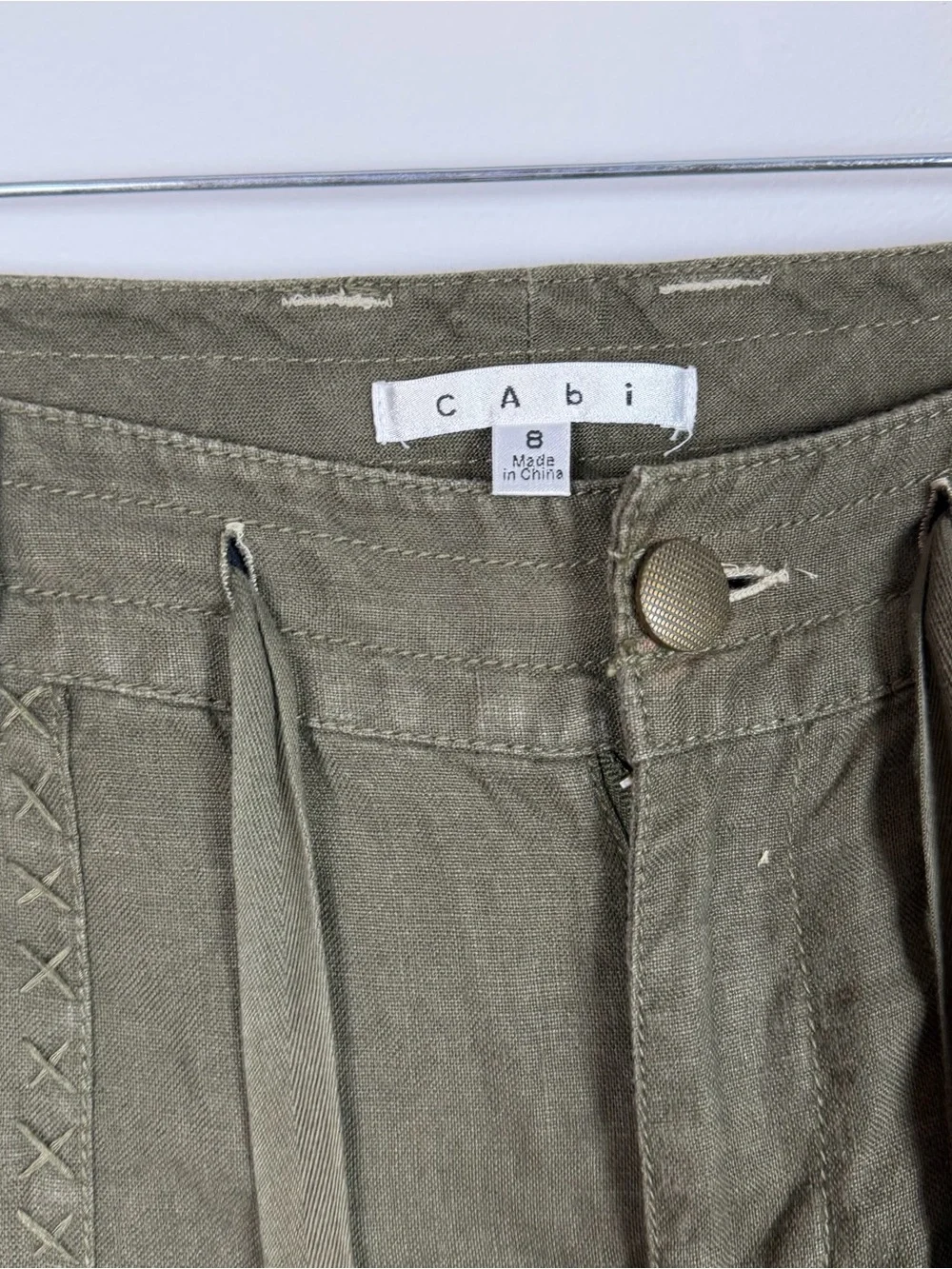 Cabi Olive Green 100% Linen Wide Leg Whipstitch 882 Trouser Pants Lagenlook Sz 8